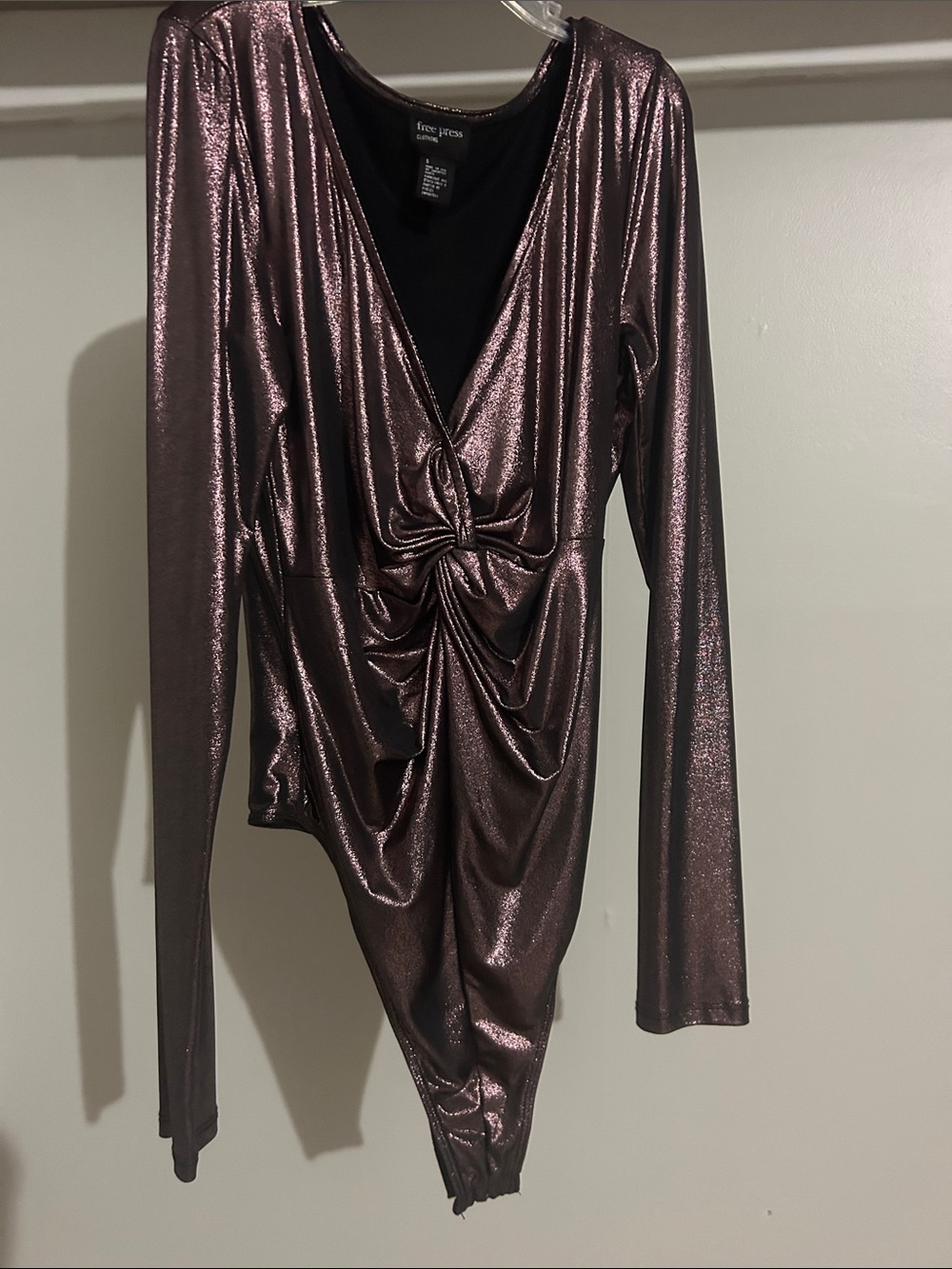 free press Shimmery Mauve Asymmetrical Twist-Front Long Sleeve Body Suit